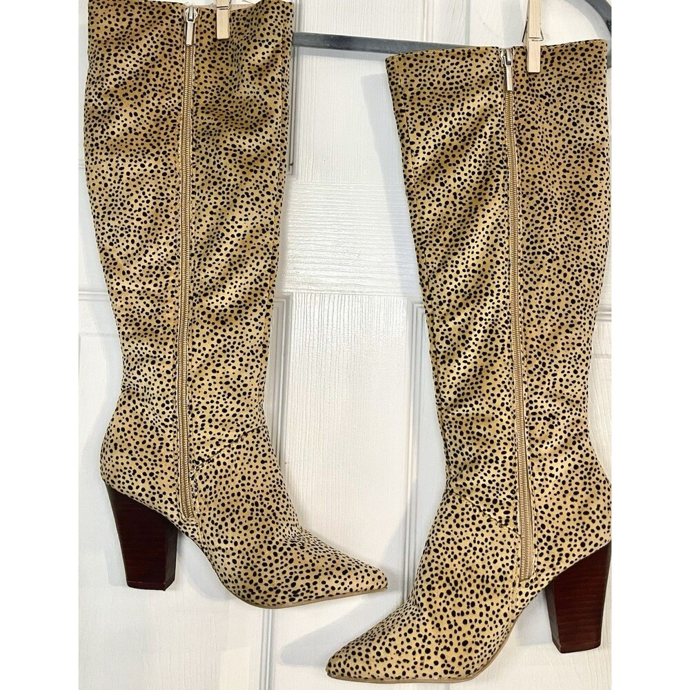 Crown & Ivy Cheetah Print Knee-High Boots | Pointed Toe Block Heel | Size 6 - Picture 2 of 16
